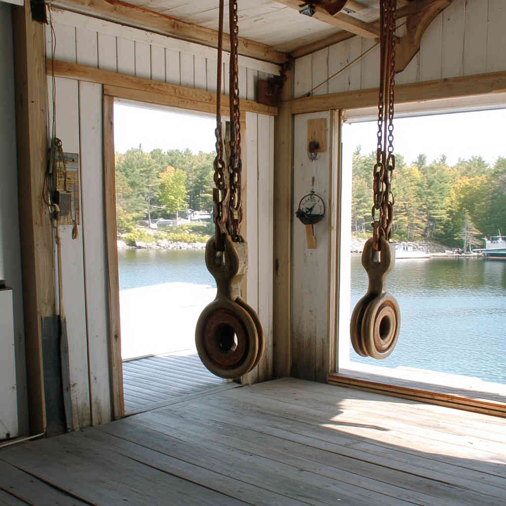 Upper pulleys for boat house lifts